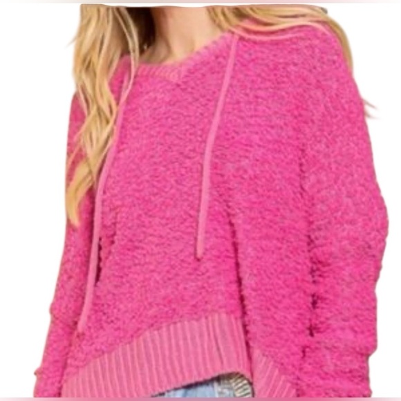 POL Sweaters - POL Women’s Rose Pink Popcorn Knit Slit Hooded Comfy Oversized Sweater Sz S